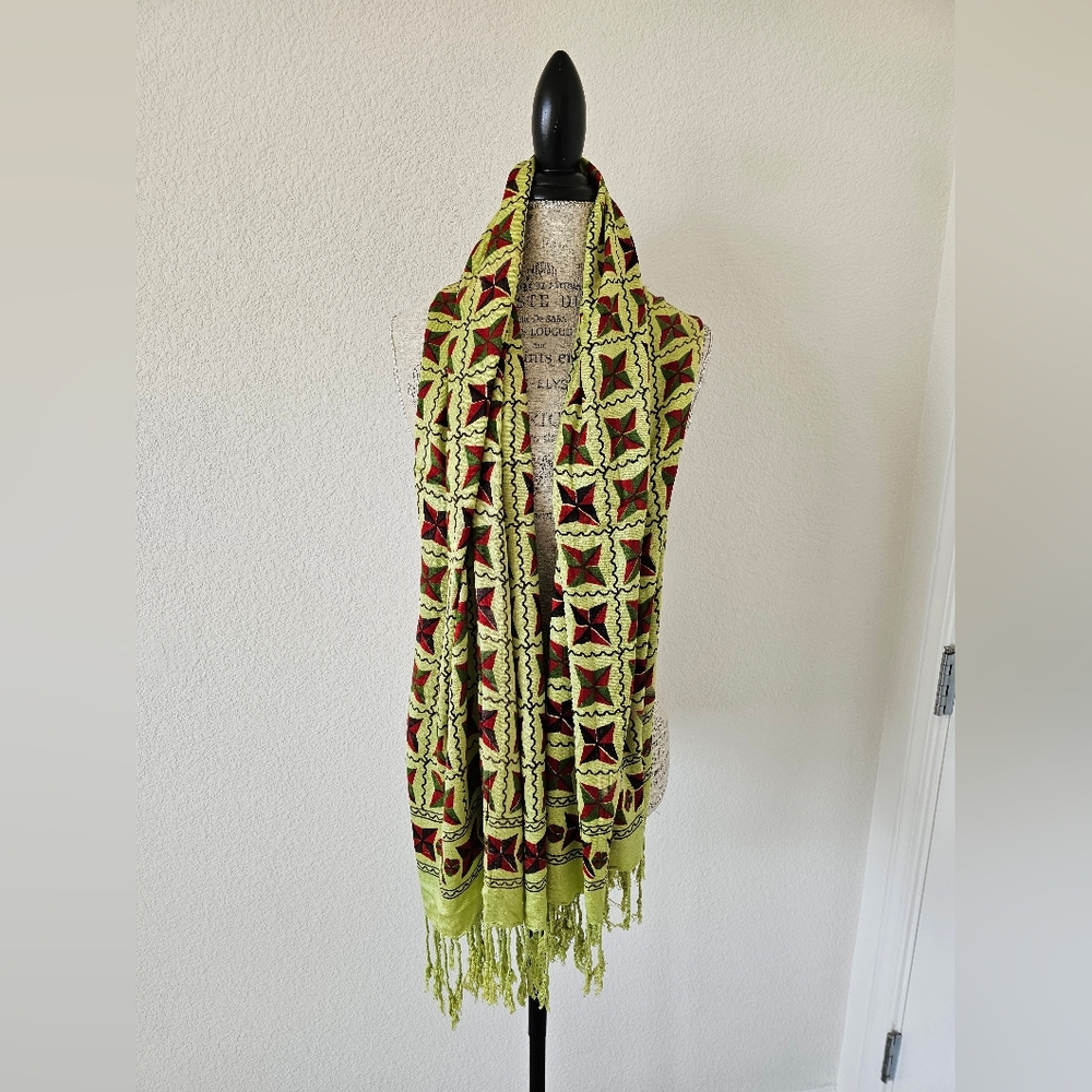 Chartreuse & Red Geometric Star Pashmina Scarf with Tassel Fringe